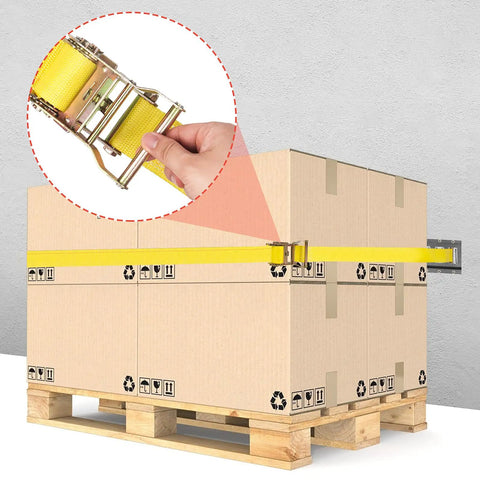 8 Pack 15 Foot Ratchet Straps With 1466 Lb Load Capacity And 4400 Lb Break Strength securing boxes on pallet with E Track
