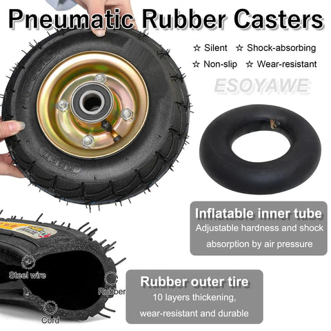 Built Tough Heavy Duty Pneumatic Casters 250 Millimeter Rubber Wheels 4 Pack showcasing pneumatic rubber tire and inner tube design.