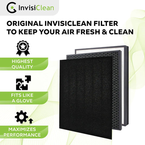 True HEPA And Activated Carbon Replacement Filter For IC4524 Air Purifier Captures 99.989 Percent Of Dust Pet Dander Mold Spores Odors And More Down To 0.1 Micron Includes Prefilter Breathe Easy At Home, original InvisiClean filter displayed.