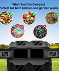 Dual Chamber Compost Bin Outdoor 43 Gallon Rotating Tumbling Composter With Sliding Doors showing what can be composted