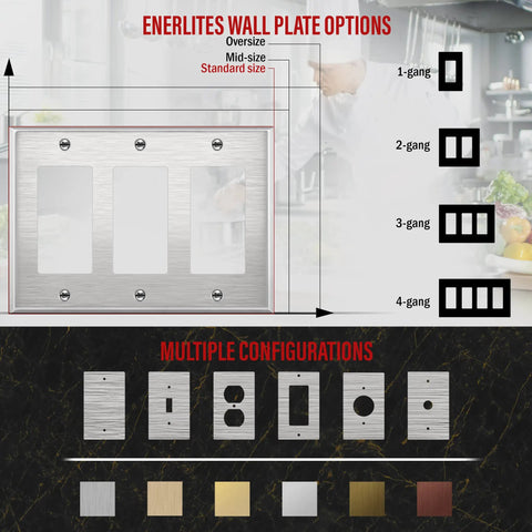 Diagram showing Heavy Duty Stainless Steel Wall Plate For Decorator Switch And Outlet, Three Gang, 4.5 x 6.38 Inches