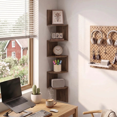 Total Game Changer Corner Wall Shelves Five Tier Floating Storage Rack With Trendy Zigzag Design Columbia Walnut Finish Ultimate Space Saver For Living Room Bedroom Bathroom Decor And Books