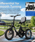 Powerful 1200W Peak Electric Trike For Adults With 48V System Long Range Up To 70 Miles Brushless Motor For Smooth Acceleration And Easy Hill Climb Ideal For Daily Commute And Errands, black three-wheel trike on road