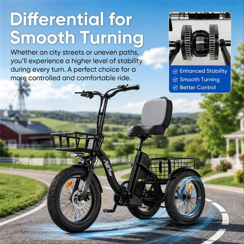 Powerful 1200W Peak Electric Trike For Adults With 48V System Long Range Up To 70 Miles Brushless Motor For Smooth Acceleration And Easy Hill Climb Ideal For Daily Commute And Errands, black three-wheel trike on road