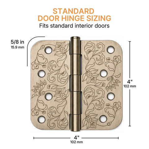 Top Shelf Floral Door Hinges 4 5/8 Inch Laser Etched Decorative Hardware For Interior Residential Doors with floral design.