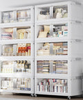 Heavy Duty 40 Gallon Storage Bins With Lids 10 Pack arranged neatly, showcasing clear front panels and various organized items inside.