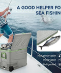 Massive 58 Qt Portable Car Refrigerator And Electric Cooler With 12V Plug And Play Setup on a boat with fish inside for sea fishing.