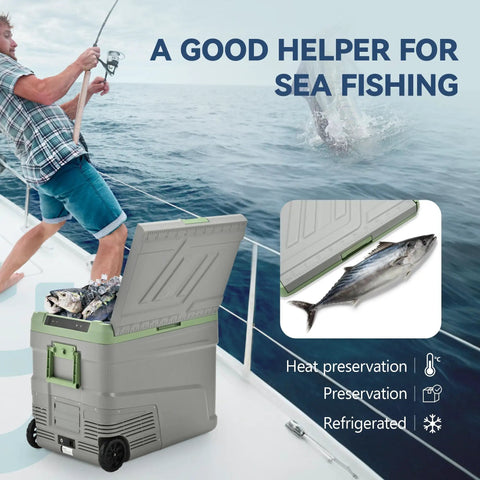 Massive 58 Qt Portable Car Refrigerator And Electric Cooler With 12V Plug And Play Setup on a boat with fish inside for sea fishing.