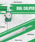 Dial Caliper 150mm Measuring Tool with shockproof design, stainless steel calipers, dual jaws, probe, four measurement modes shown.