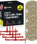 Four Pack Twenty Foot Five Sixteenth Inch Grade 70 Chain With Load Binder Sets Heavy Duty Ratcheting Chain Binders 4700 Lb