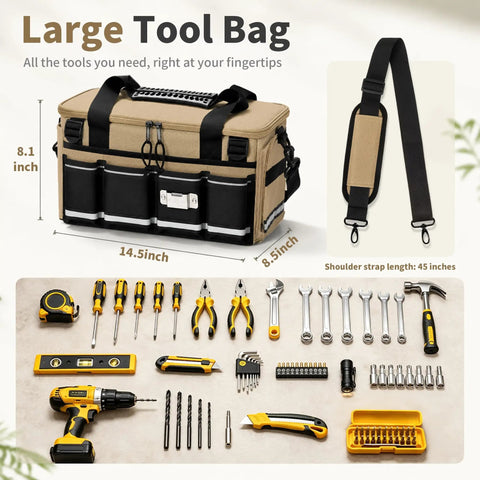 Hella Tough 14 Inch Heavy Duty Tool Bag Featuring Beefy Reinforced Fabric And Massive Main Compartment For Power Tools Measuring Instruments And Blueprints Pro Level 17 Pocket Workhorse Organizer