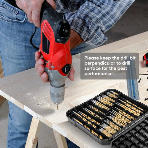 Man using Titanium Coated Drill Bit Set, 99-Piece HSS Kit with 135 Degree Tips on wood, drill and bits visible in case
