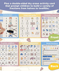 Double-sided activity card for Hands On Fraction Learning Puzzle Set With Magnetic Tiles And Fraction Circles For Kids, showing fractions.
