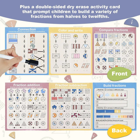 Double-sided activity card for Hands On Fraction Learning Puzzle Set With Magnetic Tiles And Fraction Circles For Kids, showing fractions.