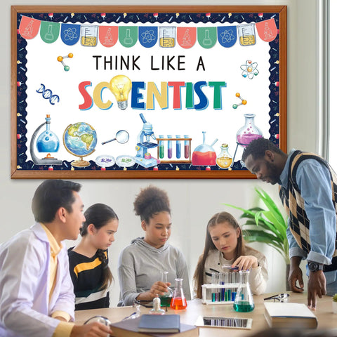 Lab Themed Bulletin Board Decor Set For Classrooms With 35 Lab Cutouts 16 Colorful Borders And Banners Plus Adhesive Sheets For Easy Wall Displays Back To School Teacher Supplies And Lab Classroom Decor showing "Think Like a Scientist" board over students working with test tubes.