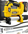 Cordless Electric Grease Gun With 21V Battery And Charger Included 12000 PSI 40 Inch Hose Built To Tackle Trucks Tractors And Heavy Equipment Auto Stop Mode shown with accessories and case.