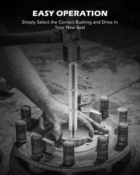 Beefy Heavy Duty Truck Hub Seal Driver Set, 9-Piece Kit in use for hub seal installation on a truck, showing easy operation and precision fit.