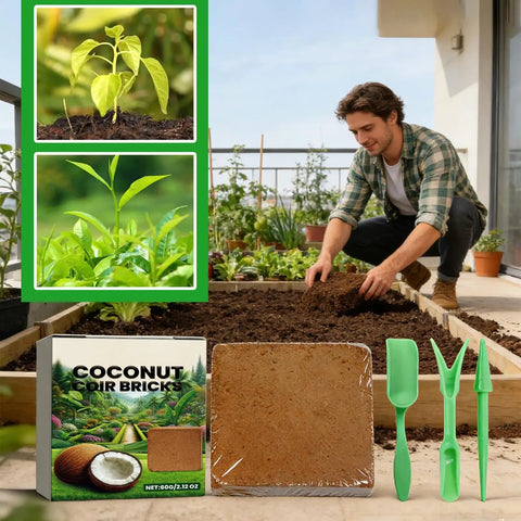 PH Balanced Potting Soil For Indoor And Outdoor Plants with coco coir brick and gardening tools on patio garden.