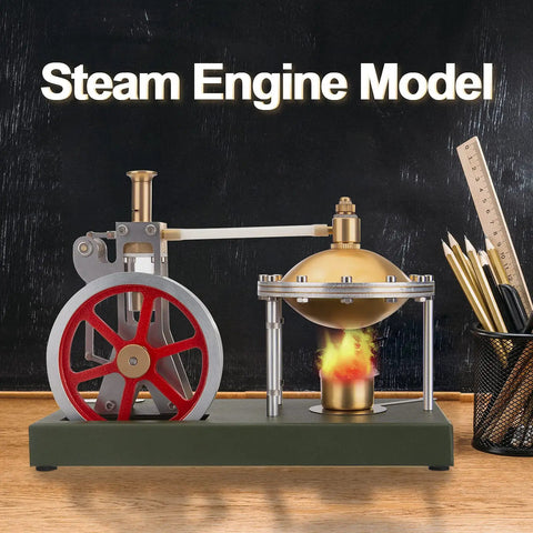 Hands On Steam Engine Kit For Makers Retro Vertical Metal Engine With Spherical Boiler displayed on a tabletop with a flame