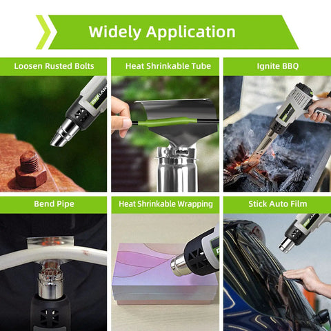 Hot Air Gun With Adjustable Temperature From 122F To 1202F For Vinyl Wrap Shrink Tubing Resin And More, image showing various applications.