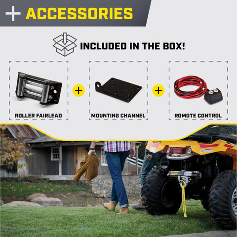 Heavy Duty 3000 Pound ATV UTV Winch Kit With One Point Three Horsepower DC Motor Quick Line Speed Remote Control Roller Fairlead And Mounting Channel For Easy Recovery And Towing On Rough Trails accessories including roller fairlead, mounting channel, and remote control on display.