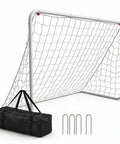 Portable Backyard Soccer Goal 6x4 Ft With Net And Ground Stakes, Heavy Duty Steel Frame for Adults and Youth Practice, bag and stakes visible