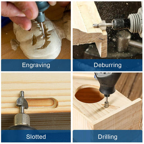 20 Piece HSS Titanium Coated Wood Carving Router Bit Set For DIY Woodworking And Engraving shown in use for engraving, deburring.