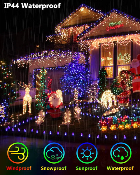 Outdoor Waterproof Icicle Lights With App Control Dope Programmable 299 Color Changing Fairy LEDs on decorated house