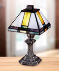 Mission Style One Light Accent Table Lamp With Tiffany Mica Shade In Bronze Dark Finish From Miniature Collection Compact 6 Inch Bedside Desk Light For Cozy Living Rooms And Nightstands showing detailed base and colored glass shade.