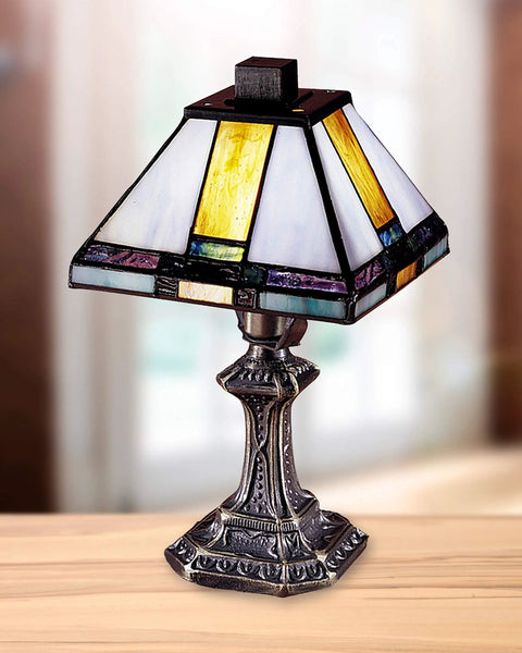 Mission Style One Light Accent Table Lamp With Tiffany Mica Shade In Bronze Dark Finish From Miniature Collection Compact 6 Inch Bedside Desk Light For Cozy Living Rooms And Nightstands showing detailed base and colored glass shade.