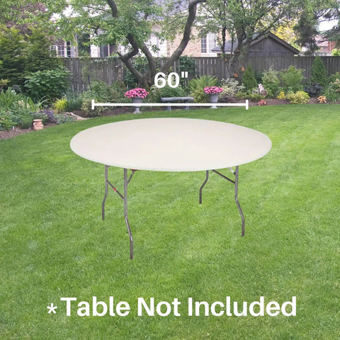 60 Inch Round Fitted Plastic Table Covers Bundle Of 5 White Elastic Vinyl Covers That Stretch Over Edges Up To 2.5 Inches Thick, 3 Mil Durable