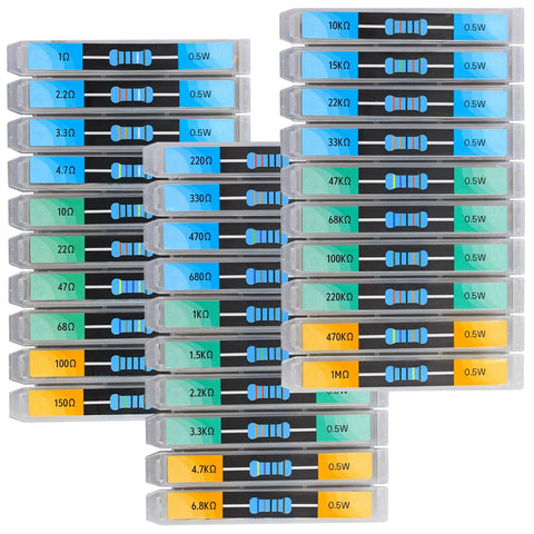 Stacked lattice boxes of metal film resistor kit with 600 pieces, 30 values from 1 Ohm to 1 Megaohm, 1 percent tolerance, 0.5W.