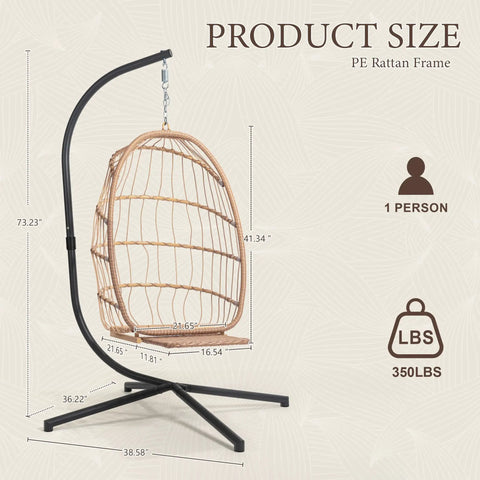 Hanging Egg Chair With Stand And Footrest For Indoor Outdoor Use, Foldable Wicker Rattan Patio Egg Swing Chair, 350 lb capacity