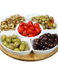 12 1/4 Inch Lazy Susan Appetizer And Condiment Server Set With Stoneware Bowls, arranged with olives and condiments on bamboo tray