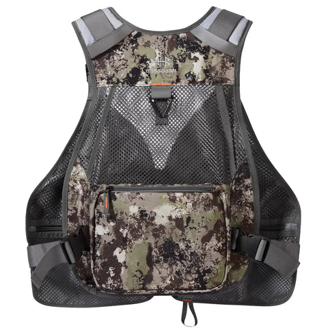 Back view of Adjustable Straps Fishing Vest With Padded Air Mesh Back And Shoulders, 20 Pocket Tackle Organizer, grunge camo design
