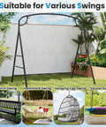 Heavy Duty Metal Swing Frame With A Frame Stand For Lawn Garden Backyard Porch Swing Stand With Extra Side Bars Versatile Three Ring Design Double Hanging Options Sturdy Outdoor Swing Stand For Relaxing, suitable for porch, hammock, egg, and saucer swings.