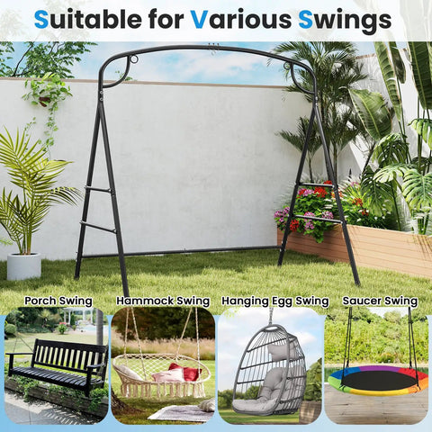 Heavy Duty Metal Swing Frame With A Frame Stand For Lawn Garden Backyard Porch Swing Stand With Extra Side Bars Versatile Three Ring Design Double Hanging Options Sturdy Outdoor Swing Stand For Relaxing, suitable for porch, hammock, egg, and saucer swings.