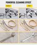 Before and after cleaning comparison showing glasses, gold jewelry, and a wrench using Heavy Duty Digital Ultrasonic Cleaner 30 Liter Stainless Steel Tub For Jewelers And Gear Heads 40 Khz Parts Washer With Timed Controls Quick Prep That Eats Grease And Drops Dead Shiny.