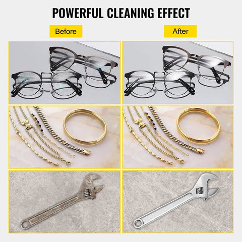 Before and after cleaning comparison showing glasses, gold jewelry, and a wrench using Heavy Duty Digital Ultrasonic Cleaner 30 Liter Stainless Steel Tub For Jewelers And Gear Heads 40 Khz Parts Washer With Timed Controls Quick Prep That Eats Grease And Drops Dead Shiny.
