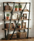Dope Rustic Industrial 67 Inch Bookcase With Metal And Wood Shelves 5 tier tall open display shelf with books and plants