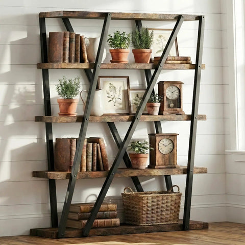 Dope Rustic Industrial 67 Inch Bookcase With Metal And Wood Shelves 5 tier tall open display shelf with books and plants