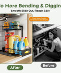 No Sweat Heavy Duty Under Sink Organizer Two Pack L Shaped Metal Pull Out Drawers For Kitchen Cabinets with cleaning products.