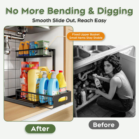 No Sweat Heavy Duty Under Sink Organizer Two Pack L Shaped Metal Pull Out Drawers For Kitchen Cabinets with cleaning products.