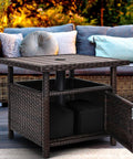 Outdoor Patio Umbrella Table With Two Weight Bags And Umbrella Hole Brown Wicker End Table With Storage Two Tier Design Side Table For Outside Use Poly Lumber Top Ideal For Pool Deck Garden And Balcony.