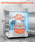 Heavy Duty Stainless Steel Upright Freezer 54 Inches Wide 44 Cubic Feet with eight adjustable shelves and digital display.