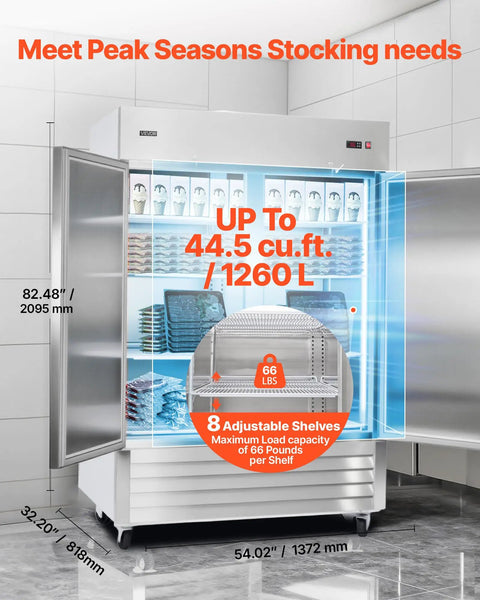 Heavy Duty Stainless Steel Upright Freezer 54 Inches Wide 44 Cubic Feet with eight adjustable shelves and digital display.