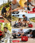 Collage showing Portable Red Grab And Go First Aid Kit with bandages used in various emergency scenarios outdoors and at home.