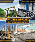 Hydraulic hose repair kit 3-pack collage showing use in agricultural, automotive, construction, and mining industries.