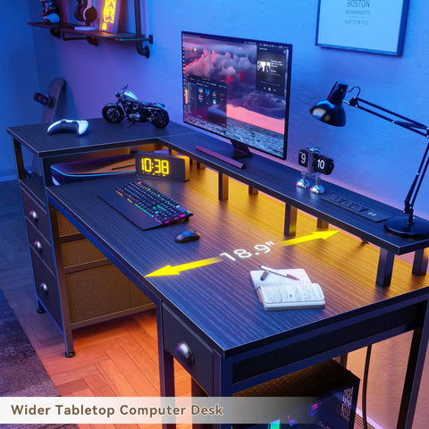 60 Inch Black Computer Desk With 4 Drawers And Printer Space, LED Lights, USB Power Outlets shown with monitor setup