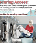 Person using commercial washer with GR777 Tubular Key Set For Commercial Washers And Coin Op Machines, Replacement Parts 68-1174-31-GR777, 0400ET-777, AP2402824, M404608, Fits Speed Queen And Maytag Service Panels, ESD Locks, Doors And Coin Slot Systems.
